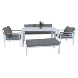 6 Seater Aluminium Garden Furniture Set White Frame with Dining Table - Outdoor Sofa Set with Bench, Armchairs, Dining Table and Grey Cushions, Patio Lounge and Dining Furniture