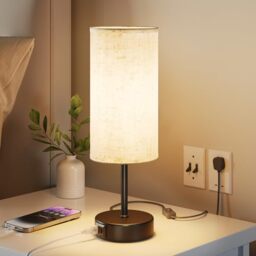 UPXNBOR Bedside Lamps, Table Lamp for Bedroom/Living Room/Study Room/Office with USB A+C Charging Ports, Reading Light, Desk Lamp, 1.5m Cable, Linen Fabric Shade, Black Metal Base (E27 Bulb Incl.)