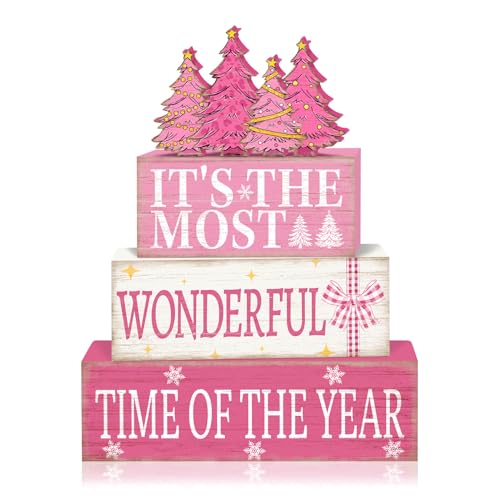 Britimes 4 Pcs Pink Christmas Table Decor Wooden Tiered Tray Sign, Farmhouse Rustic Holiday Decorative Book Stack Block Wonderful Time Table Centerpieces for Home Shelf Decorations (Pink Tree)