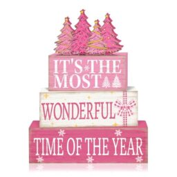 Britimes 4 Pcs Pink Christmas Table Decor Wooden Tiered Tray Sign, Farmhouse Rustic Holiday Decorative Book Stack Block Wonderful Time Table Centerpieces for Home Shelf Decorations (Pink Tree)