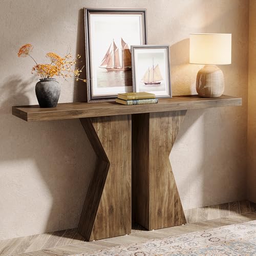 LITTLE TREE Farmhouse Console Table, 140cm Entryway Table with K-Shaped Frame, Wood Sofa Table for Entrance Living Room, Narrow Hallway Table, Rustic Brown