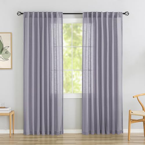 DONREN Lavender Light Purple Linen Back Tab Sheer Curtains 84 Inches Long 2 Panels Set for Bedroom - Modern Farmhouse Hooks Belt Pleated Semi Privacy Drapes Rod Pocket Light Filtering Window Curtains