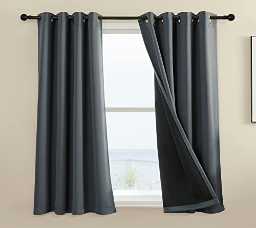 Rutterllow 100% Blackout Curtain 2 Panels, Heat and Full Light Blocking Drapes with Grommets for Bedroom,Gray Thermal Insulated Window Treatment Drapes for Living Room (Dark Grey, 52Wx36L)