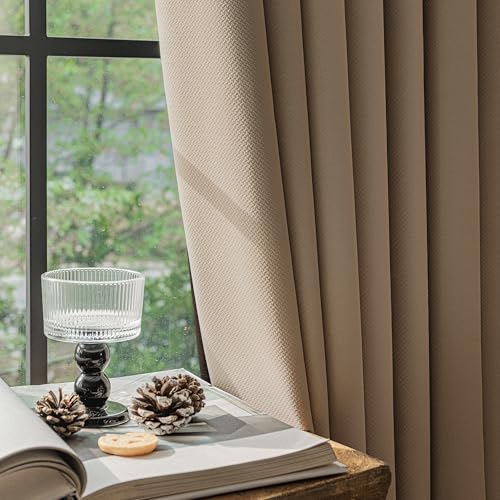 FMFUNCTEX 100% Blackout Brown Curtains 84 Inch Long Rod Pocket 2 Panels - Black out Drapes, Thermal Insulated Noise Reducing, Rod Pocket, Room Darkening, Window Curtain, for Living Room ,Back Tab