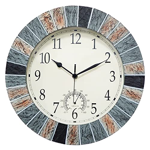 UMEXUS Outdoor Clock with Thermometer, 13 Inch Retro Large Waterproof Wall Clocks Indoor Silent Non-Ticking Battery Operated Weatherproof Decor for Garden Kitchen Bathroom Mother Gift