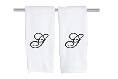 Decorvo White Monogrammed Hand Towels for Bathroom - Luxury Hotel Quality Personalized Initial Embroidered Towel for Powder Room, Spa - GOTS Organic Certified - Set of 2 Black Letter G
