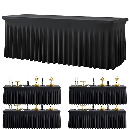 4 Pack Black Spandex Tablecloths for 8 Foot Rectangle Tables, Wrinkle Free Stretchy Table Cloth 8ft Fitted Tablecover Skirt for Parties Weddings Birthday Banquet Baby Shower
