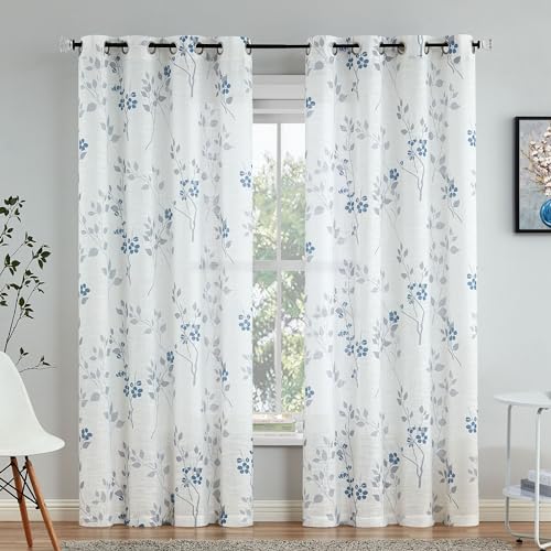 Beauoop Floral Linen Semi Sheer Curtains Living Room Blue Grey 50x108 2 Set - Farmhouse Flower Patterned Blue White Light Filtering Drapes for Bedroom 108 Inch Long Textured Window Treatment Grommet