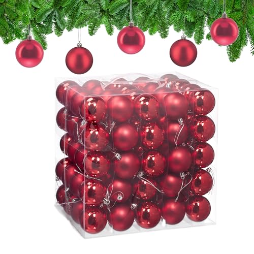 Relaxdays Christmas Baubles, Set of 100, Festive Tree Ornaments, D: 6 cm, Holiday Decorations, Shiny & Matte, Red