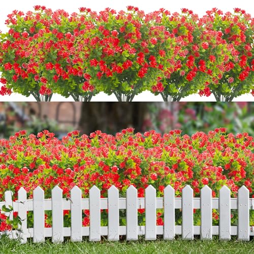 Grunyia 20 Bundles Artificial Flowers UV Resistant Fake Flowers No Fade Faux Plants Garden Porch Window Box Decorating (Red)