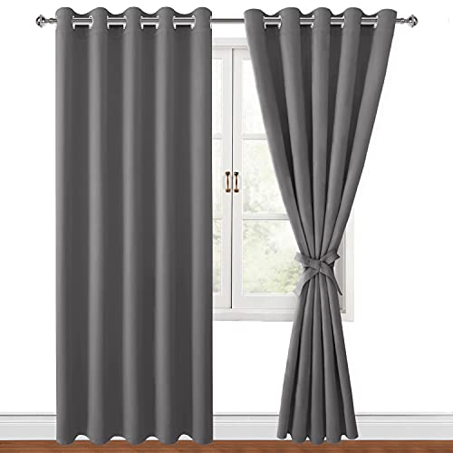 Hiasan Blackout Curtains for Bedroom, 60 x 84 Inches Long - Thermal Insulated & Light Blocking Window Curtains for Living Room/Kids Room, 2 Drape Panels Sewn with Tiebacks, Light Grey