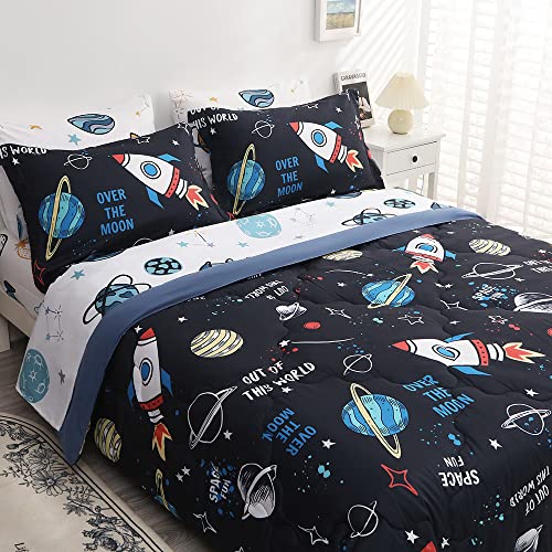 Wajade Kids Space Comforter Set Bed in A Bag Twin Size 7 Piece 3D Space Rocket Planets Bedding Set for Teens Boys Girls (1 Comforter, 1 Flat Sheet, 1 Fitted Sheet, 2 Pillowcase and 2 Pillow Sham)