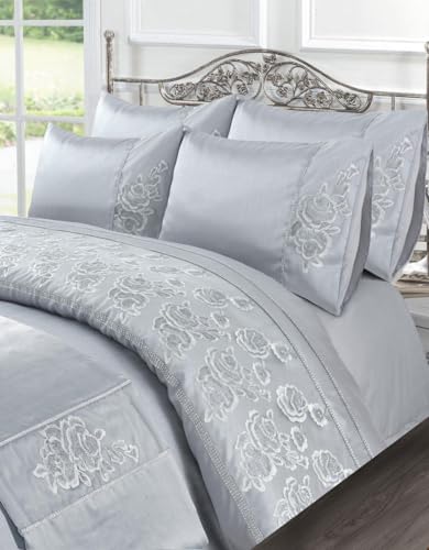 Kampala Hill Floral Embellished Duvet Cover Set Bedding Set With Pillowcases Silver Amara Super King