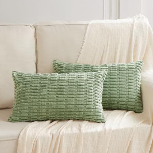 Fancy Homi Pack of 2 Sage Green Lumbar Decorative Throw Pillow Covers 12x20 Inch for Living Room Couch Bedroom, Soft Corduroy Rectangle Solid Cushion Case 30x50 cm, Rustic Farmhouse Boho Home Decor