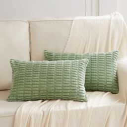 Fancy Homi Pack of 2 Sage Green Lumbar Decorative Throw Pillow Covers 12x20 Inch for Living Room Couch Bedroom, Soft Corduroy Rectangle Solid Cushion Case 30x50 cm, Rustic Farmhouse Boho Home Decor