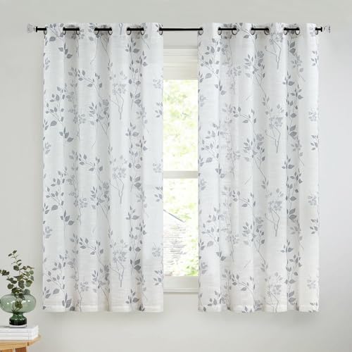 Beauoop Floral Linen Semi Sheer Curtains Living Room Grey 50x54 2 Panels - Farmhouse Flower Patterned Light Filtering Drapes for Bedroom 54 Inch Long Textured Privacy Voile Window Treatment Grommet
