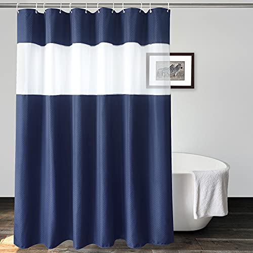 UFRIDAY Navy Blue Waffle Weave Fabric Shower Curtain with Mesh Window 72 x 78 Inch Long, Heavy Duty Decorative Bathroom Curtain,Thicken Hotel Luxury, Water-Repellent,72x 78Inches