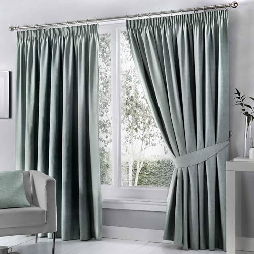 "Fusion Sorbonne Blackout Curtains – Duck Egg Blue, W117 x L137cm (46x54"") – Thermal Pencil Pleat Drapes, 2 Panels – Light-Blocking Curtains for Bedroom & Living Room"