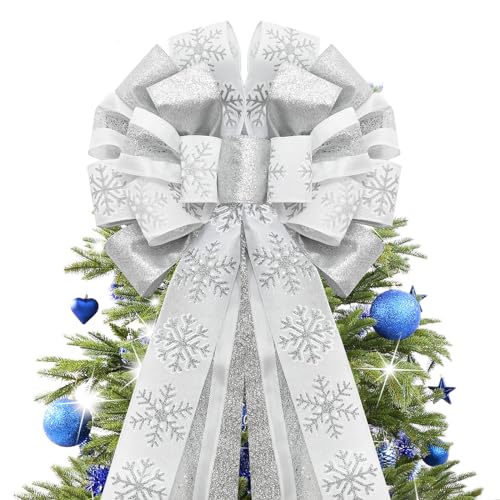 GOGOSY Christmas Tree Topper Bow,48''x 13'' Large Glitter Satin Christmas Wreath Bows Xmas Ornaments with Long Plaid Streamer Wired Edge Ribbon for Farmhouse Christmas Decoration (Silver and White)