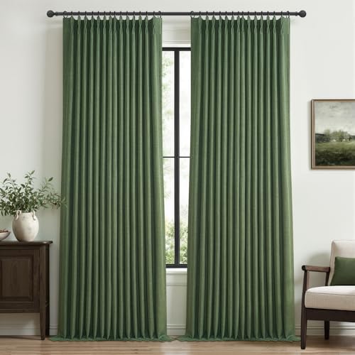 Loden Dual Layer Heavy Linen Blackout Curtains 96 Inches Long 2 Panels for Living Room, Memory Trained Pinch Pleated Olive Green Insulated Farmhouse Windows Drapes 96 Inch Length with Track System