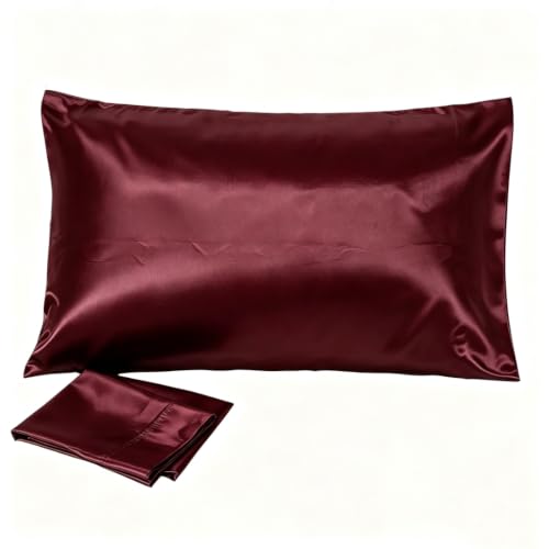 Juwenin Bedding,Luxury Satin Pillowcase with Zipper (Silky Satin Pillow Case for Hair) Set of 2 (Burgundy, Standard(20''x26''))