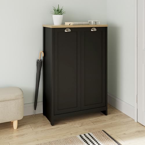 GFW Lancaster 2 Door Shoe Cabinet, Tall Hallway Storage Unit with Adjustable Shelves & Oak Effect Top