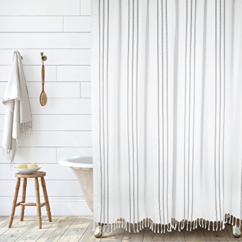 "HALL & PERRY Modern Transition White Stripe Shower Curtain with Tassels - Vertical Black Lines Striped 100% Cotton, 72"" x 84"""