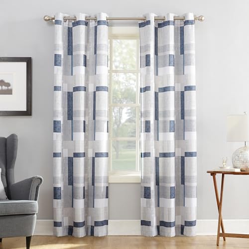 "No. 918 Blockade Geometric Blocks Semi-Sheer Grommet Curtain Panel, 40"" x 84, Navy"