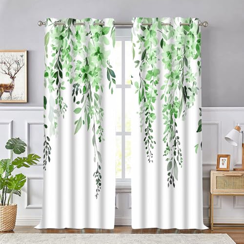 EOTDMS Green Watercolor Floral Curtains, 42x84 inch, 2 Panels - Botanical Leaves Vine Flowers, Rustic Farmhouse, Blackout Window Treatment, For Bedroom Living Room