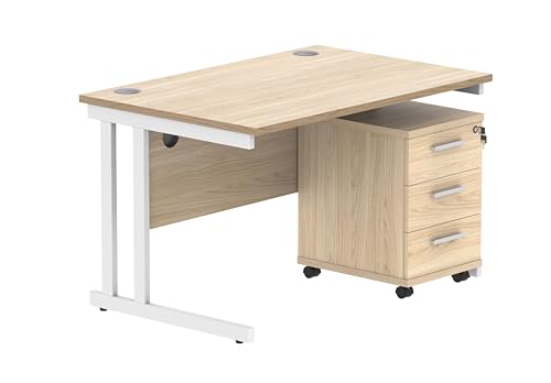 Office Hippo Heavy Duty Rectangular PC Office Desk with Storage, 3 Drawer Mobile Pedestal, White Frame, Canadian Oak Top, 120 x 80 x 73 cm