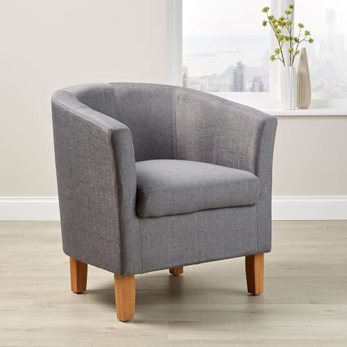 Home Source Tub Accent Chair - Fabric Armchair with Wooden Legs - Upholstered Single Sofa for Home, Office, Living Room - Padded Foam Seat (Light Grey)