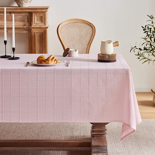 ZeeMart Linen Checked Rectangle Table Cloth 52x70 Inch Pink - 3D Woven Grid Jacquard, Soft Natural Draping, Wrinkle???Resistant, Fray???Proof Hem, Multi???Occasion Decor Farmhouse Tablecloth