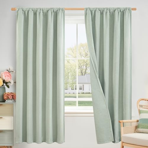 BGment Sage Linen Blackout Curtains 72 Inch Length for Bedroom Windows, Light Green Room Darkening Drapes Light Blocking for Living Room with Rod Pocket Thermal Insulated, 2 Panels, Each 52 Inch Wide