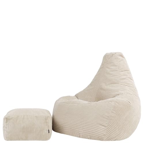icon Dalton Large Cord Bean Bag Chair and Footstool, Beige, XXL Adult Bean Bag with Filling Included, Comfy Chair, Living Room Furniture, Bedroom Furniture