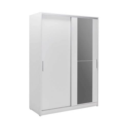 FWStyle 2 Door Mirrored Sliding Wardrobe – Matt White Bedroom Storage with Hanging Rails & Shelves, Space-Saving Sliding Closet with Full-Length Mirror, Organiser for Clothes, Shoes & Accessories