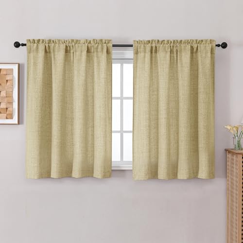Chyhomenyc Curtains 45 Inch Length 2 Panels - Light Filtering Faux Linen Textured Short Curtains, Soft Airy Rod Pocket Window Curtain Drapes for Living Room Bedroom, 30Wx45L Inch, Camel