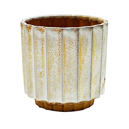 Ivyline Lugano Scalloped Reactive Planter in Mustard - Waterproof and Lightweight - Indoor Ceramic Houseplant Pot with Reactive Glaze - H13cm x D13cm