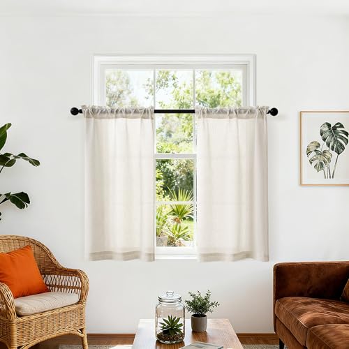 DUKIYO Beige Semi Sheer Linen Kitchen Curtains 45 Inch Length 2 Panels - Natural, Flax Texture Drapes, for Basement Small Window Loft Room, Half Curtains, Light Reducing, 25x45 Inches