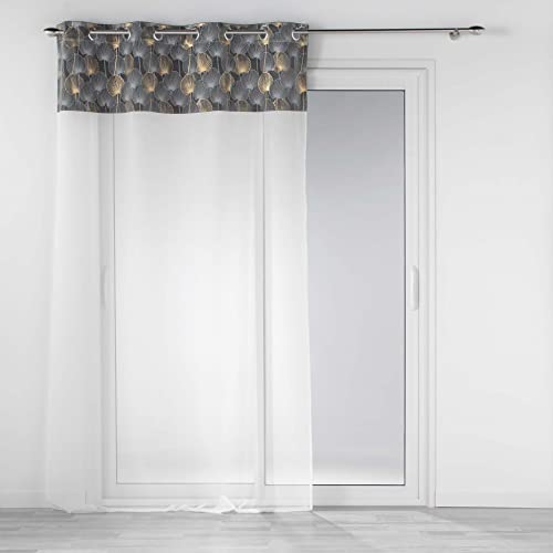 Douceur d'Intérieur, Eyelet Curtain 140 x 240 cm Grey Sandblasted Curtain with Top Velour Printed Gold Tan