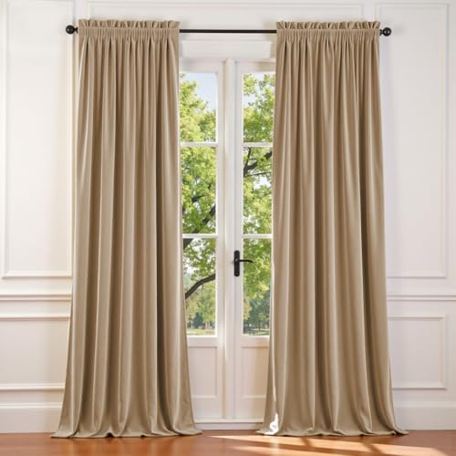 Lazzzy Velvet Curtain Beige Thermal Insulated Curtains 96 Inch Long Drapes for Bedroom Living Room Light Filtering Window Treatments Rod Pocket, Set of 2, Latte
