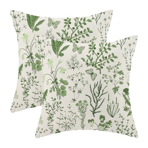 AEIOAE Summer Pillow Covers 16x16 Inch Set of 2,Olive Green Wild Flower Plant Throw Pillows Case,Seasonal Floral Outdoor Decorative Square Linen Farmhouse Decor Cushion Covers for Home Sofa Bed Couch