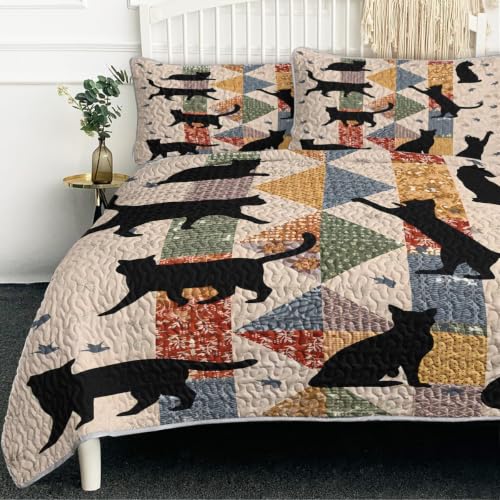 BlessLiving Black Cat Quilt Set 3 Pieces Queen Size Soft Lightweight Bedspread Coverlet Microfiber Boho Floral Cat Bedding Set with 2 Pillow Shams for Boys Girls Adults Bedroom Decor