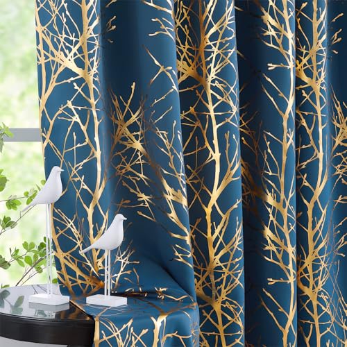 Fmfunctex 100% Blackout Curtains for Bedroom, Gold on Blue Curtains 96 inches Foil Tree Print Tree Curtains for Living Room, Modern Energy Efficient Shiny Metallic Branch Curtain Grommet Top 2 Panels
