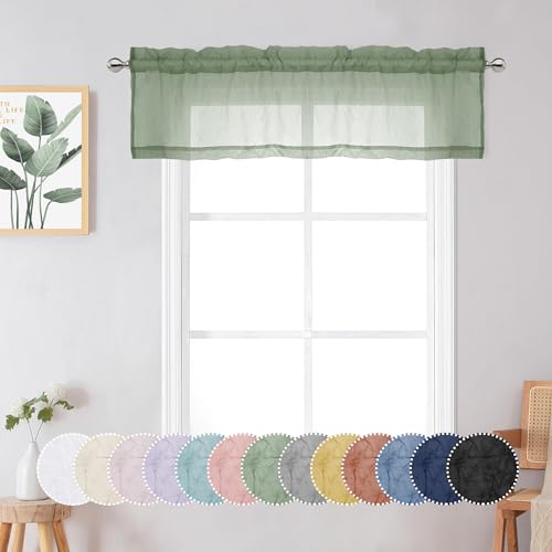 Chyhomenyc Crushed Sage Green Sheer Valances for Window 14 Inch Length 2 PCS, Crinkle Voile Short Kitchen Curtains with Dual Rod Pockets???Gauzy Bedroom Curtain Valance???Each 42Wx14L Inches
