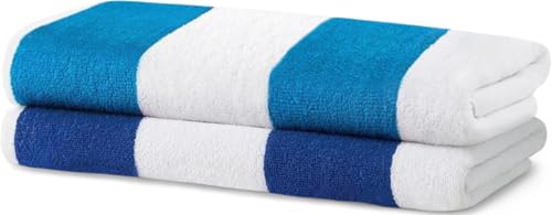 "Kaufman - Large Beach Towels - 30"" x 60"" Terry Cabana Striped Beach Towels - Absorbent, Quick-Drying - 100% Cotton Thick Beach Towels (Blue & Turquoise) (2-Pack)"
