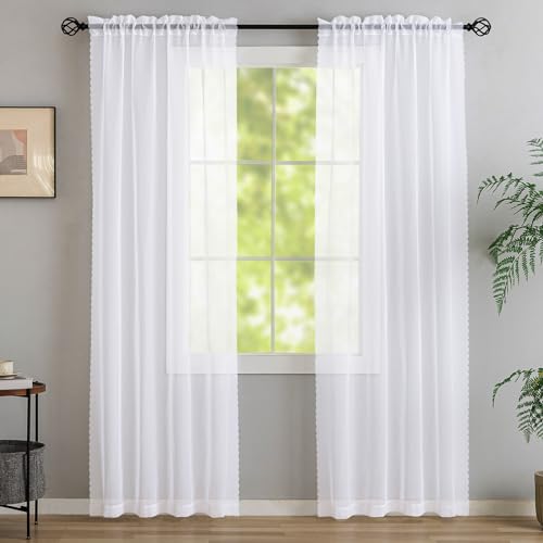 Window Curtains White Sheer Curtains 90 Inches Long 2 Panels Tulle Curtains Window Panels for Bedroom Curtains 2 Panel Sets Rod Pocket Sheer White Curtains for Living Room Kitchen Yard 40 W x 90 L