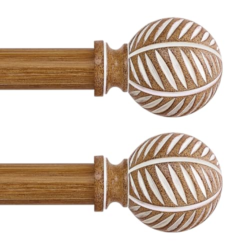 HTZON 2 Pack Brown Boho Adjustable Curtain Rods, 66 to 120 Inch, Imitation Wood Grain Leaf Design, Heavy Duty, Wall Mounted, Baked Enamel Finish