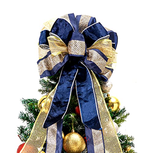 Christmas Tree Topper,Christmas Tree Bow Topper 33x13 Inches Large Toppers Gift Bow Tree Topper Bow Handmade Decoration for Wreaths Tree Toppers (Blue Gold)