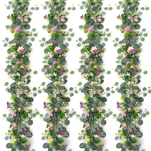 4 Pack 5.68 FT Artificial Daisy Flower Garland with 3D Butterfly,Hanging Fake Flowers Greenery Eucalyptus Garland Floral Vines for Home Wedding Party Table Room Spring Summer Decor