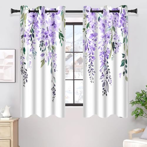 EOTDMS Purple Watercolor Floral Curtains, Botanical Leaves Vine Flowers Curtain, Rustic Farmhouse Wisteria Flower Leaf Blackout Window Treatment Drapes for Bedroom Living Room 42x63 inch, 2 Panels